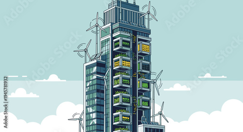 A tall green skyscraper features multiple wind turbines, solar panels, and vertical farms on its exterior.