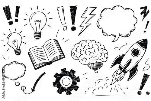 Brainstorming Concepts: Lightbulbs Brain Rocket Book Gear Speech Bubble Exclamation Marks