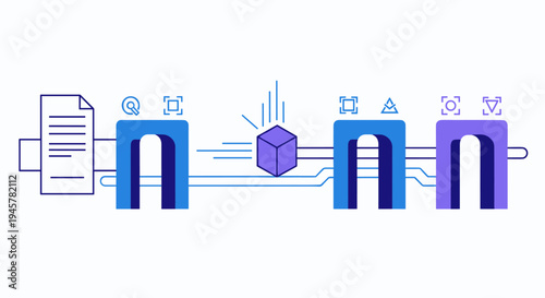 A document enters a processing pipeline with three abstract gates and a falling cube.