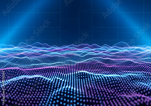 Abstract digital wave noise pattern with glowing blue and pink particles creating a landscape effect, isolated on transparent background.