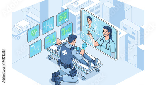 A paramedic attends to a patient on a stretcher while interacting with holographic screens and a video call.