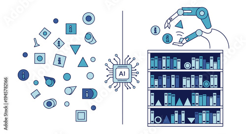An AI chip connects a brain-like data cluster to a robotic arm and bookshelf.