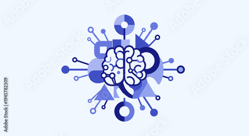 An abstract blue brain illustration is surrounded by geometric shapes and connected lines.