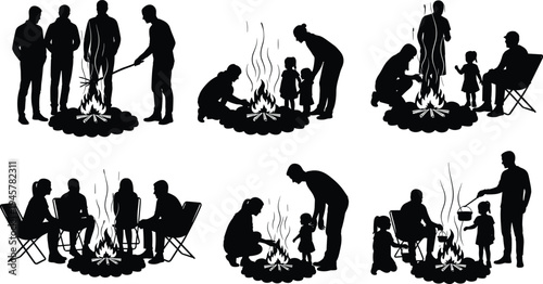 Campfire silhouette illustration, family camping artwork, outdoor gathering drawing, people around fire scene, black and white vector design