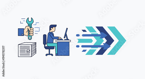 A hand holds a wrench, papers are stacked, a man types, and arrows point right.