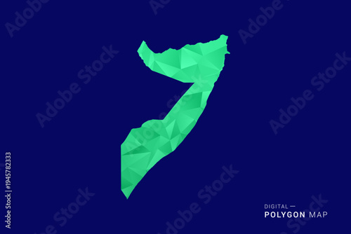 Somalia Map - low poly polygon vector, geometric triangulated silhouette in green and blue tones, clean modern style, isolated background for infographic use.
