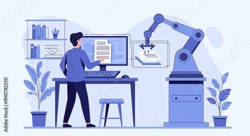 A man views documents on a computer while a robotic arm processes papers.