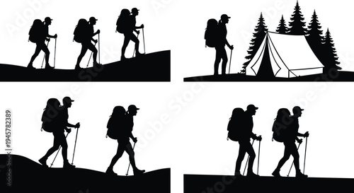 Hiking and camping silhouettes collection showing backpackers trekking mountains and camping in forest with tent, outdoor adventure travel activity isolated on white background