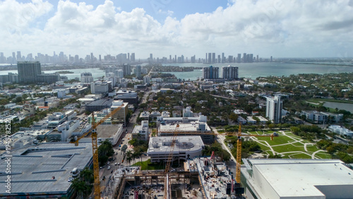 Drone panorama of urban grid and Atlantic shoreline Miami Beach