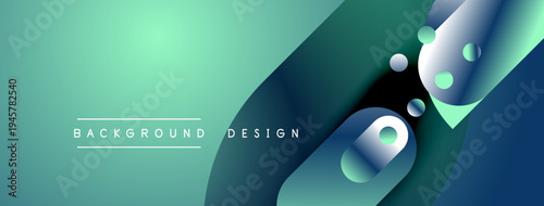Abstract background features flowing shapes, gradients. Teal, blue hues dominate design, creating modern aesthetic. Minimalist text present.