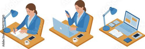 Businesswoman working at desk illustration set, writing notes using laptop smartphone modern office workspace productivity isometric vector scene