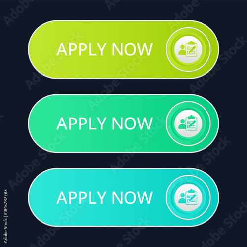 Modern CTA button set, "Apply now" text, 3D effect, web UI element for landing pages, mobile apps or banners.