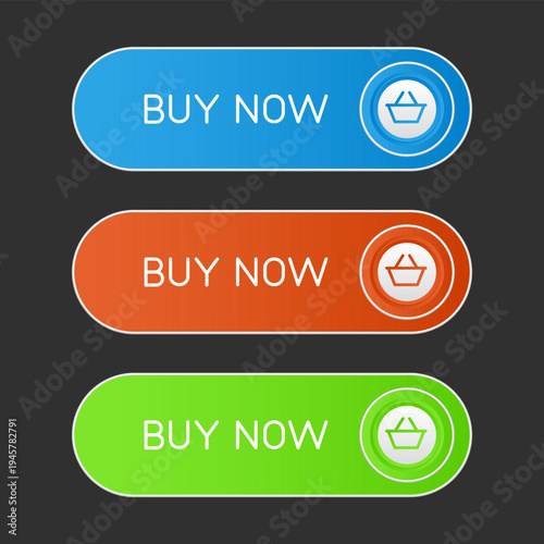 Modern CTA button set, "Buy now" text, 3D effect, web UI element for landing pages, mobile apps or banners.