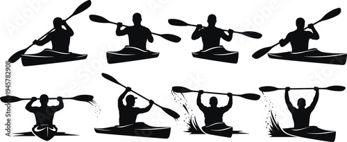 Kayak paddler silhouettes collection showing kayaking strokes and canoe paddling actions on water, outdoor adventure water sport activity isolated on white background