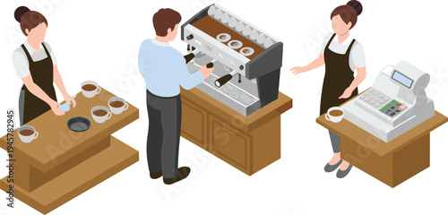 Coffee shop barista preparing espresso, cafe workers serving coffee machine cashier counter service isometric vector illustration