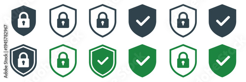 Shield and security icon set, including padlocks, check marks, and heart symbols, vector illustrations for data protection, software security, privacy compliance, and insurance or safety branding 