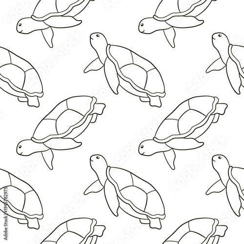 Sea turtle seamless pattern in line art style. Silhouette of undersea animal for summer design.