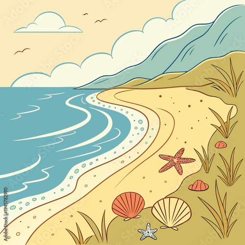 Cartoon sandy beach with ocean waves, seashells, and distant mountains vector