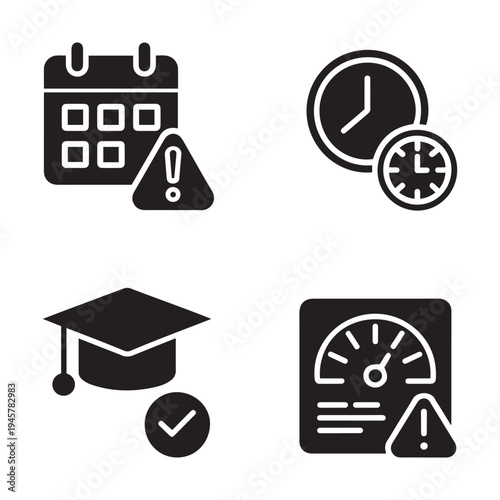 Business warning icon set: calendar deadlines, time alerts, education milestones, and performance meters