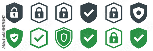 Security shield icons featuring padlocks, check marks, and heart symbols, vector graphics ideal for cybersecurity, data privacy, software protection, and insurance branding, apps, websites, and 