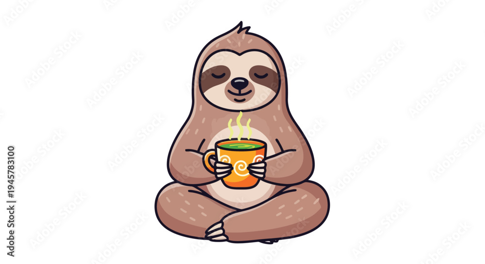 Fototapeta premium Cute Sloth Meditating Holding Warm Coffee Cup.