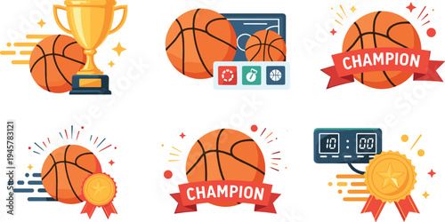 Basketball champion and tournament victory elements with trophy ribbon medal scoreboard and balls sports vector illustration set