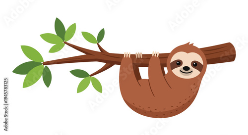 Cute cartoon sloth hanging on a tree branch with green leaves.
