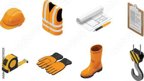 Construction safety equipment icons set, hard hat vest gloves boots blueprint clipboard measuring tape crane hook isometric vector