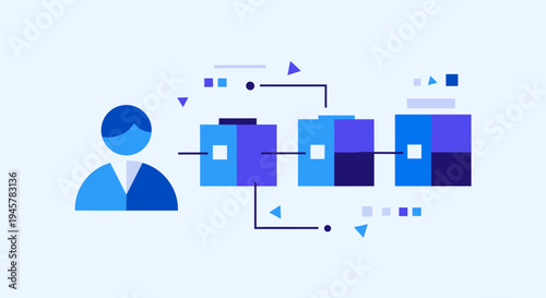 A stylized blue person connects to three segmented blue and purple block structures on a light background.