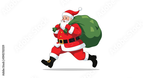 Santa Claus Running With Large Gift Bag.