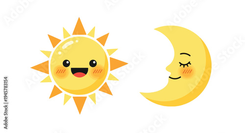 Cute Cartoon Sun and Moon Characters.