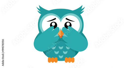 Cute Teal Owl Covering Eyes with Wings.