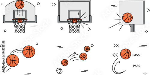 Basketball game action icons with hoop backboard ball passing and shooting sports vector illustration set