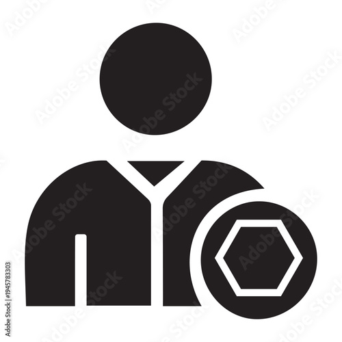 User profile settings icon with hexagon gear for account configuration, management, and customization tools