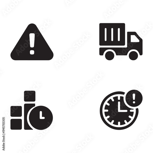 Logistics and time management warning icon set for delivery, performance tracking, and urgent deadlines