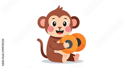 Cute cartoon monkey playing cymbals with joy.