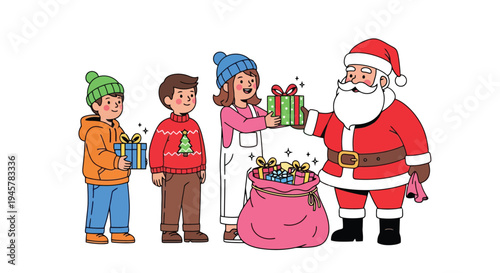 Santa Claus Giving Gifts to Children on Christmas.