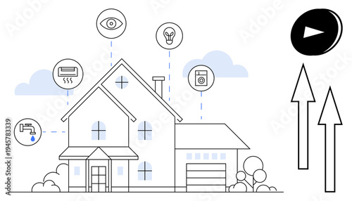 Home automation, Internet of Things, smart technology, energy efficiency, data management, connectivity. Modern house with IoT icons. Home automation and IoT connectivity concept