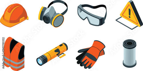 Industrial safety equipment icon set with helmet, respirator mask, goggles, safety vest, gloves, flashlight and warning sign