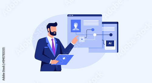 A man in a suit points at overlapping browser windows displaying user data and AI.