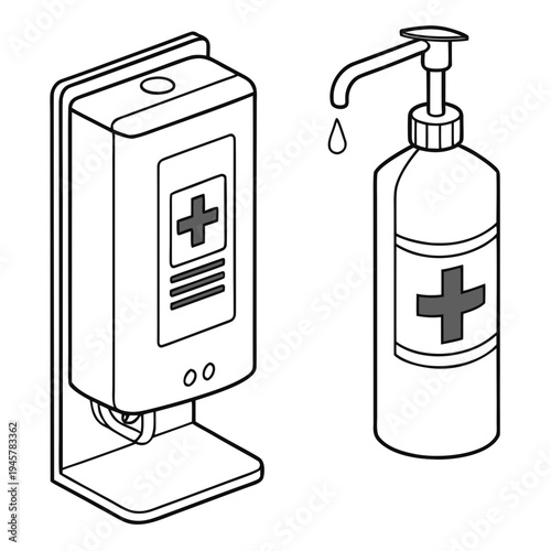 Hand sanitizer dispenser and bottle isometric outline icons