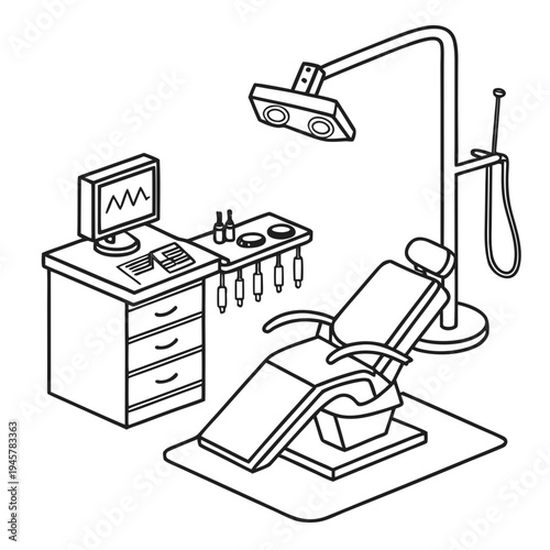 Isometric dental office scene illustration with chair, equipment and tools