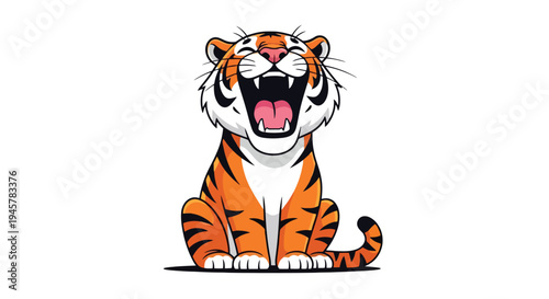 Cute Cartoon Tiger Yawning Wide Open Mouth.
