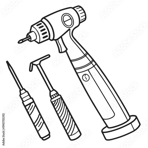 Medical examination instruments set: otoscope, dental drill, and speculum