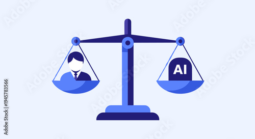 A blue balance scale displays a white human silhouette icon on its left pan and a blue AI text block on its right, perfectly balanced.