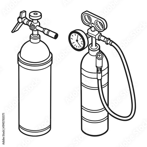 Gas cylinders illustration: oxygen tank & fire extinguisher line art vector