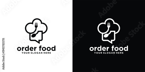 Order Food Logo Design Chef Hat Fork Spoon Speech Bubble.