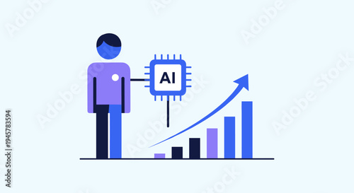 A stylized purple human figure stands next to a blue AI chip icon and an ascending bar graph, indicating growth on a light blue background.