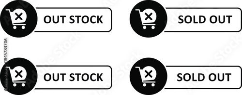 Shopping cart icons with Out of Stock and Sold Out labels in clean white and black for e-commerce alerts.