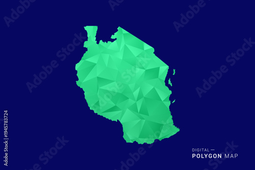 Tanzania Map - low poly polygon vector, geometric triangulated silhouette in green and blue tones, clean modern style, isolated background for infographic use.